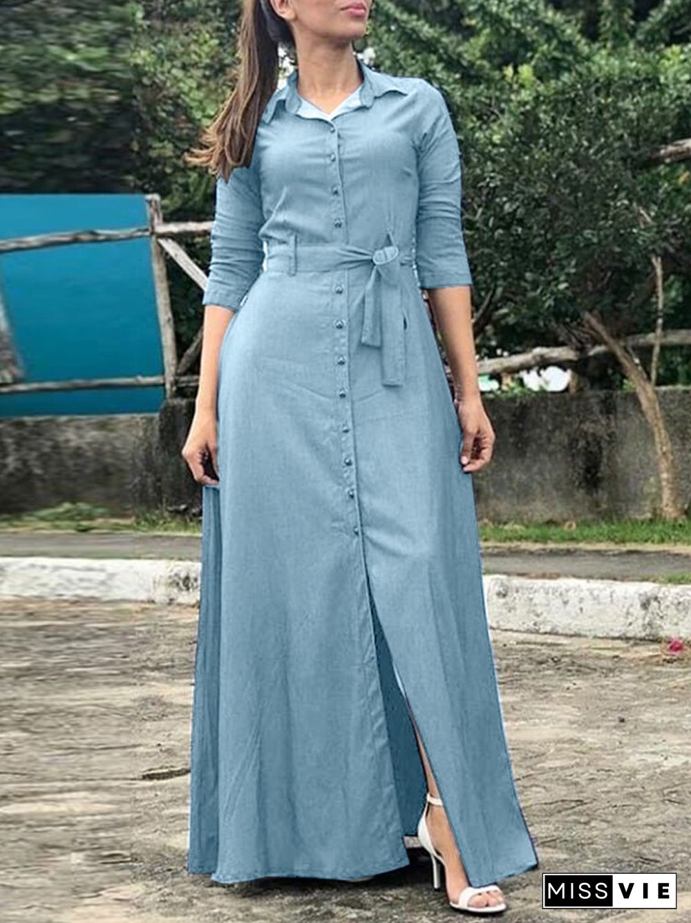 Solid Button Front Lapel 3/4 Sleeve Maxi Shirt Dress