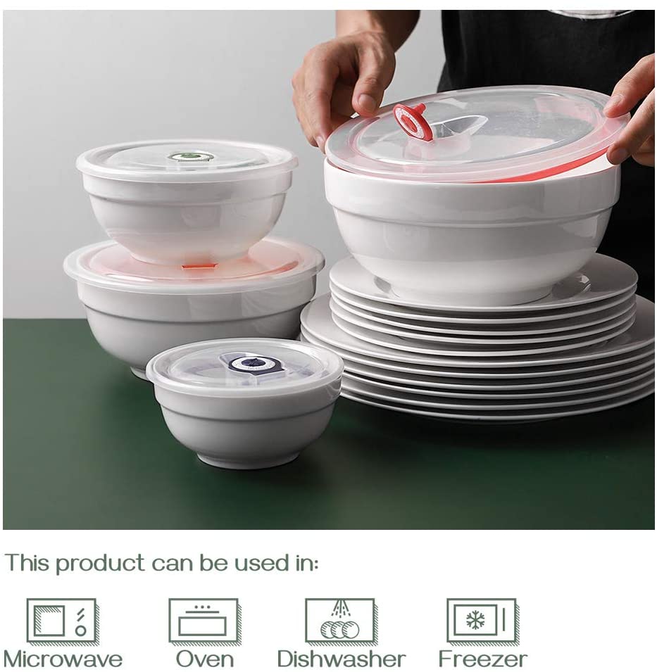 DOWAN White Ceramic Bowls with Lids， Serving Bowls with Lids， Food Storage Container， 64/42/22/12 oz， Set of 4