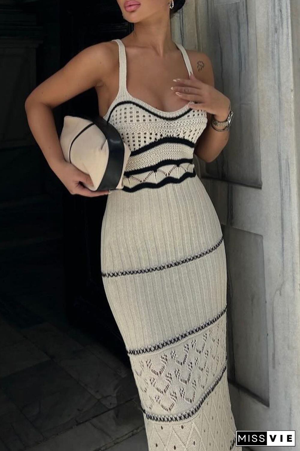 Sexy Striped Contrast Weave Square Collar One Step Skirt Dresses