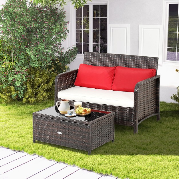 Costway 2pcs Patio Rattan Wicker Love seat Coffee Table Set Cushioned Bench Garden Deck