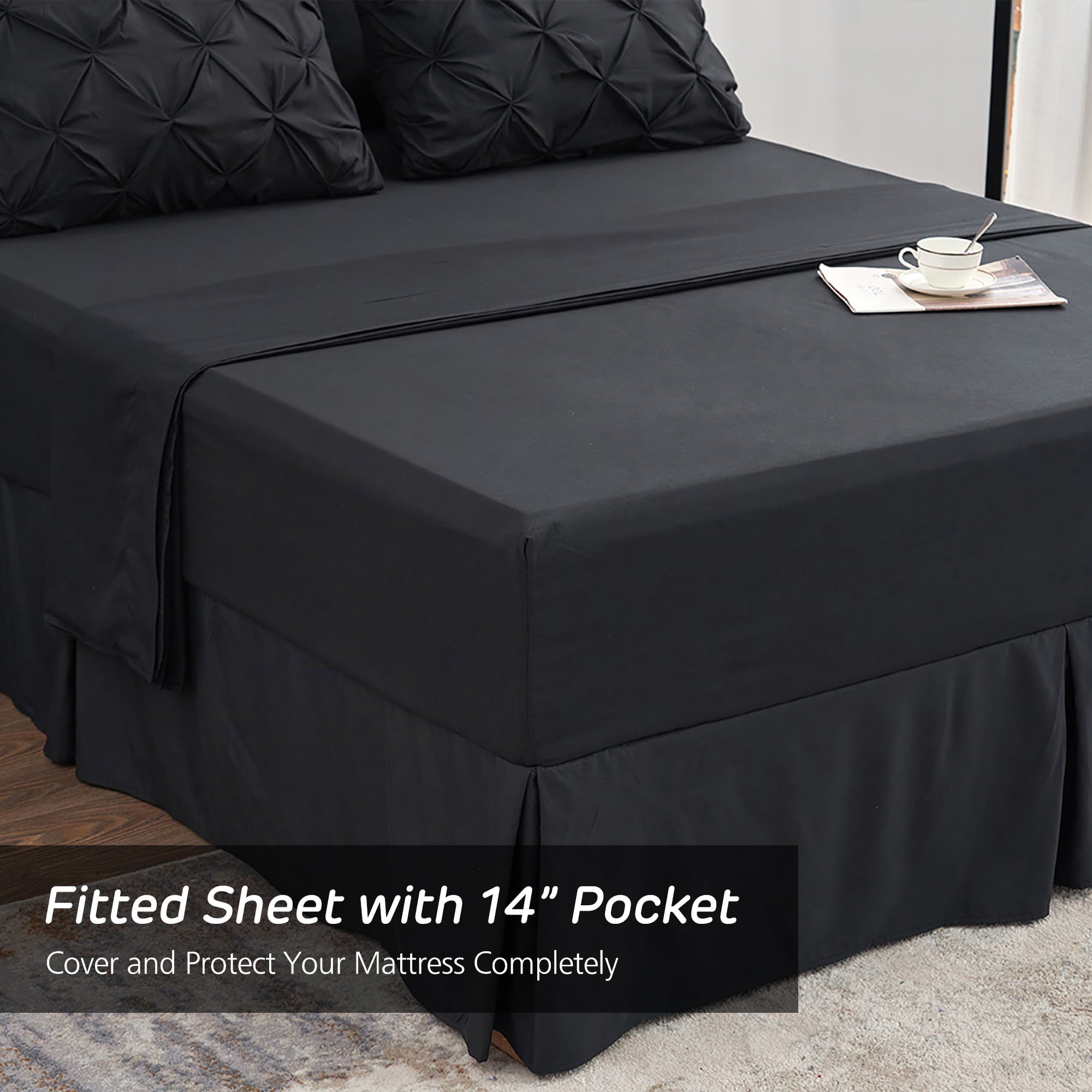 HAOK 8 Piece Pinch Pleated Pintuck Comforter Set - Bedding Bed In A Bag， Queen， Black