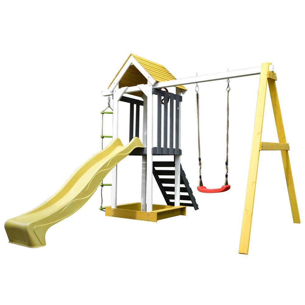 ALEKO Outdoor Wooden Glider Swing Playset In White With Yellow And Gray Accents WPG01-HD