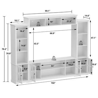 FUFUGAGA White Wooden TV Stand Fits TV's up to 75 in. with Open Shelves and Tempered Glass Door Cabinet LBB-KF020341-01+02