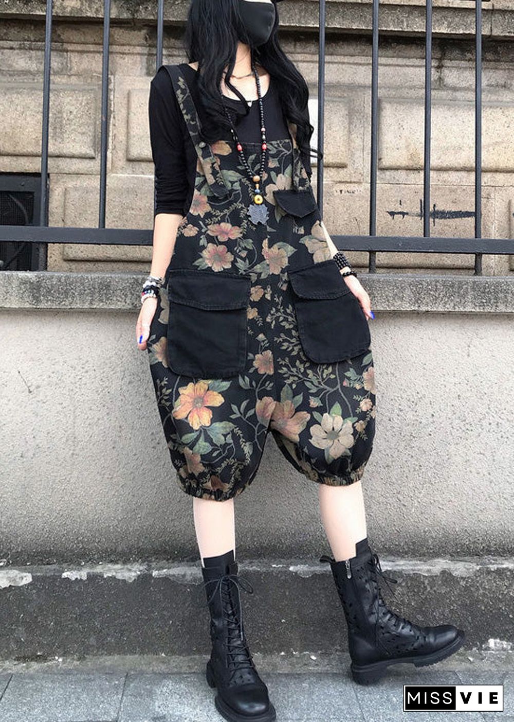 Fashion Slash Neck Print Patchwork Button Denim Jumpsuit Spring