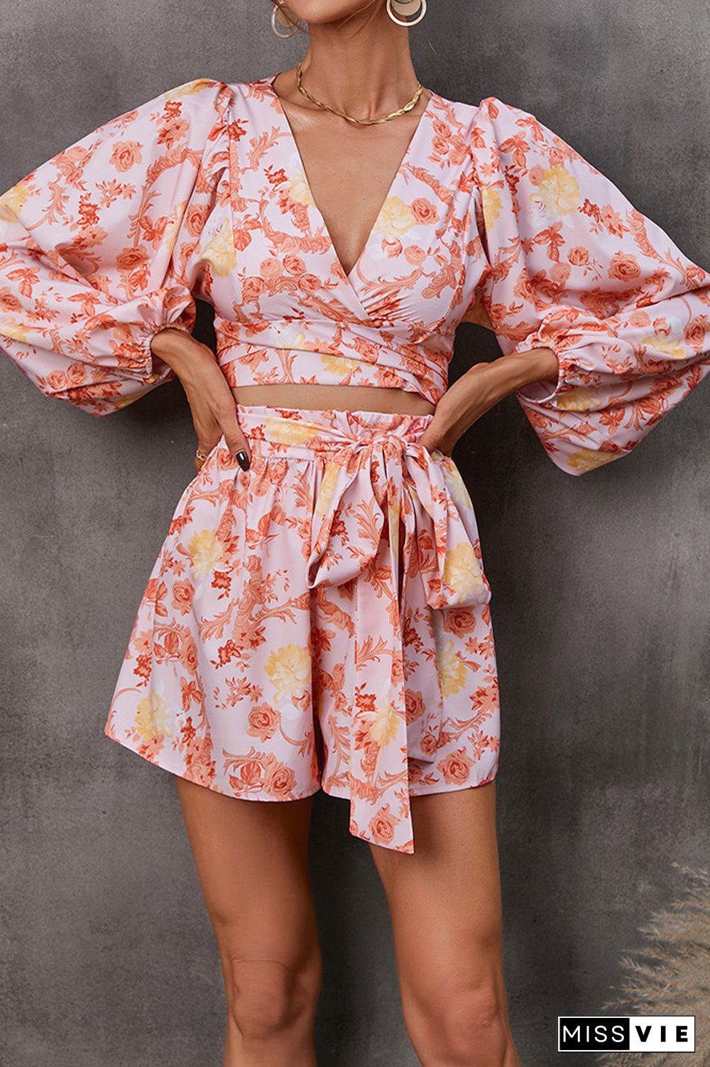 Printed V Neck Bubble Sleeves Hollow Out Waist Romper