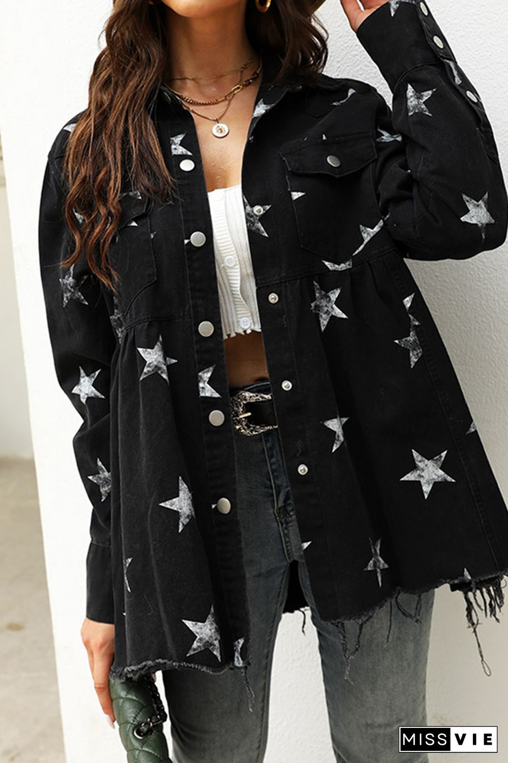 Stars Print Raw Hem Ripped Denim Jacket with Pockets Shacket Wholesale