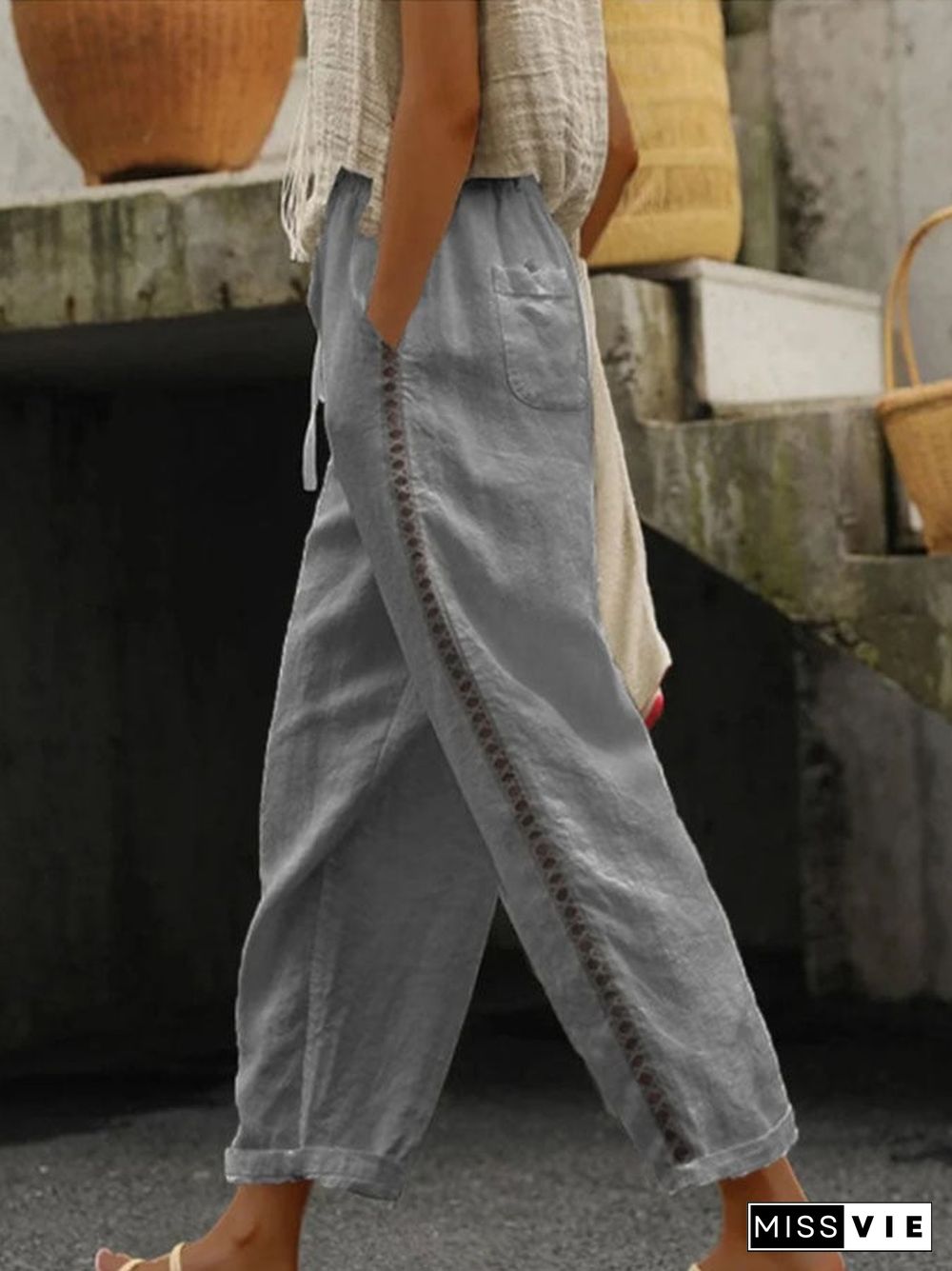 Hollow-Out Lace-Trimmed Paneled Elastic Waist Casual Pants