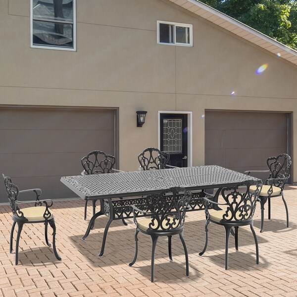 7/9Piece Cast Aluminum Outdoor Dining Set with 82.68'' L X 41.34'' W Rectangular Table and Random Color Seat Cushions