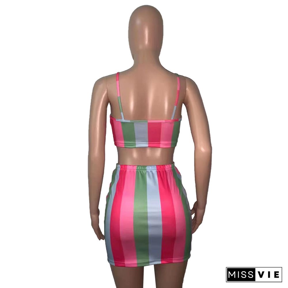 Rainbow Vertical Striped Women Spaghetti Strap Crop Top Slim Fit Mini Skirt Evening Club Two Piece Dress Sets