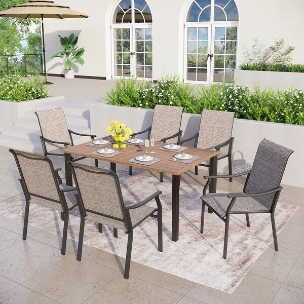 MAISON ARTS Patio Dining Set 7 Pieces with 1 Rectangle Teak Color Table and 6 Textilene Fabric Padded Armchairs