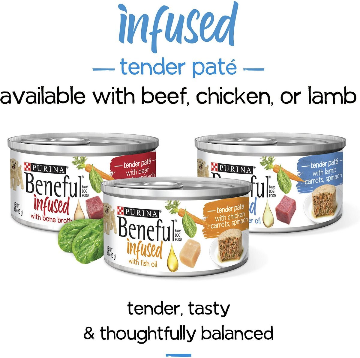 Purina Beneful Infused Pate With Real Lamb， Carrots and Spinach Wet Dog Food， 3-oz sleeve， case of 24