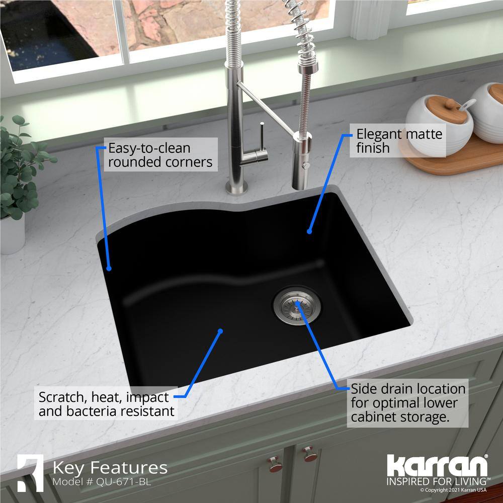 Karran QU-671 QuartzGranite 24 in. Single Bowl Undermount Kitchen Sink in Black with Bottom Grid and Strainer QU-671-BL-PK1