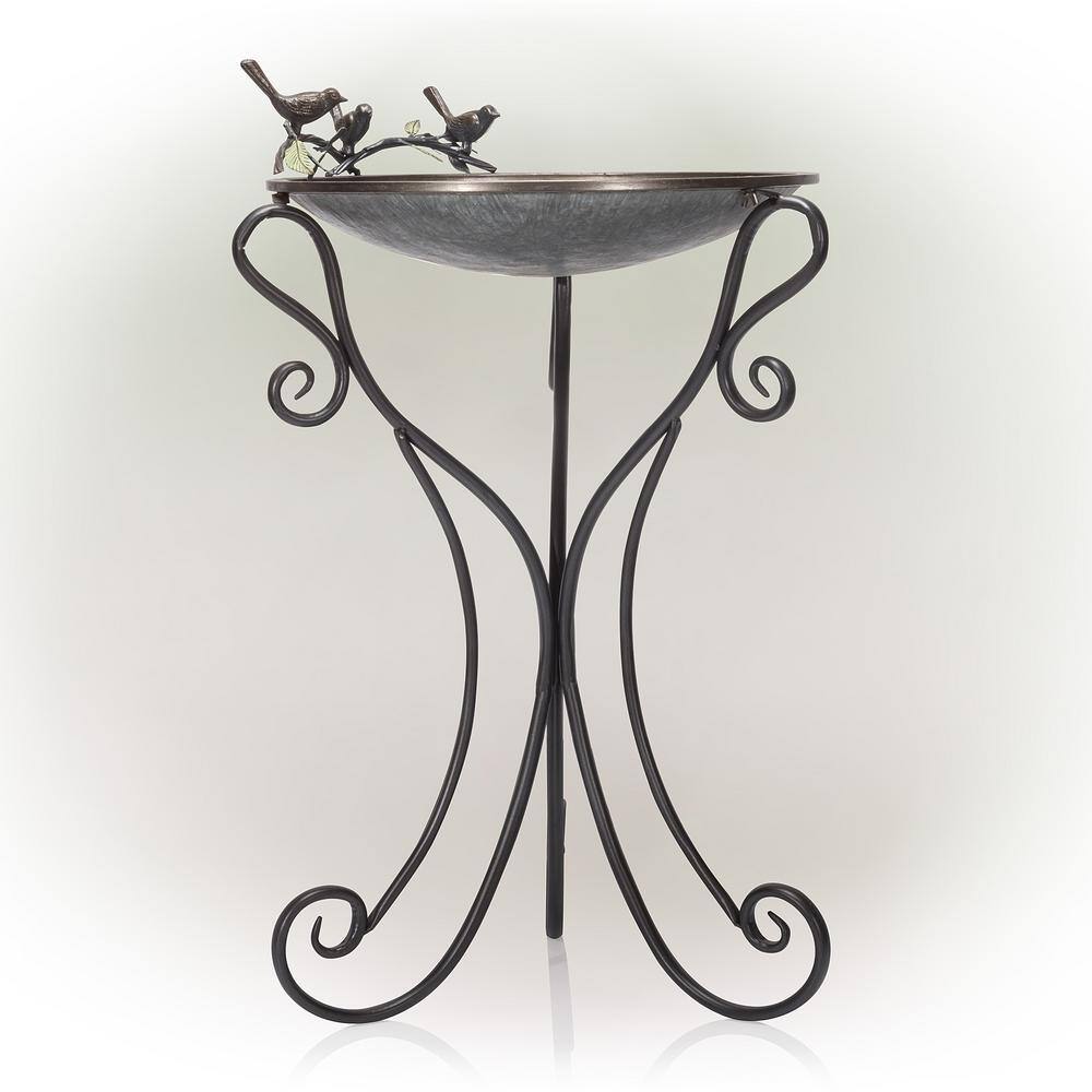 Alpine Corporation 36 in. Tall Outdoor Antique Style Galvanized Metal Birdbath Bowl with Bird Figurines ORS684