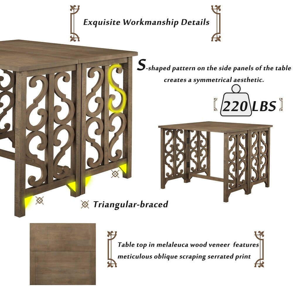 Retro 3 Piece Dining Set Solid Wood Counter Height Pub Set Foldable Table with 2 Saddle Stools for Kitchen  Small Space