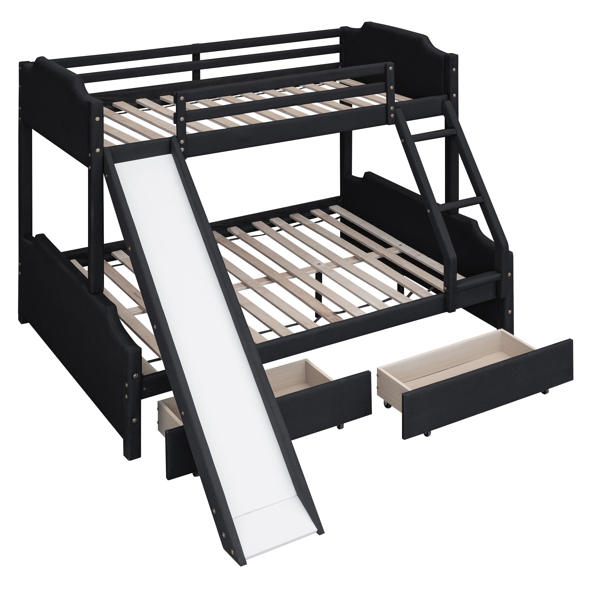 EUROCO Upholstery Twin over Full Bunk Bed with Slide and Drawers for Kids Room, Black