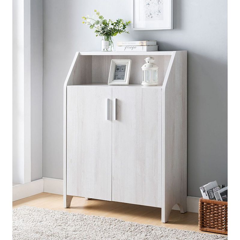 FC Design White Oak Shoe/Storage Cabinet with 4 Interior Shelves and Open Shelf Organizer with Spacious Top