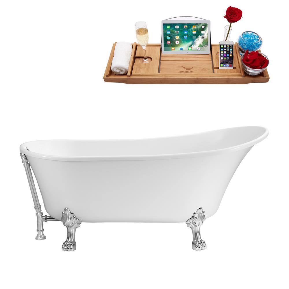 Streamline 59.1 in. Acrylic Clawfoot Non-Whirlpool Bathtub in Glossy White With Polished Chrome Clawfeet And Polished Chrome Drain N341CH-CH