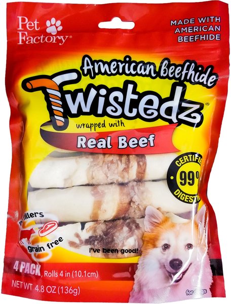 Pet Factory Twistedz 4-inch Beefhide Rolls Beef Flavored Wrap Dog Hard Chews， 4 count