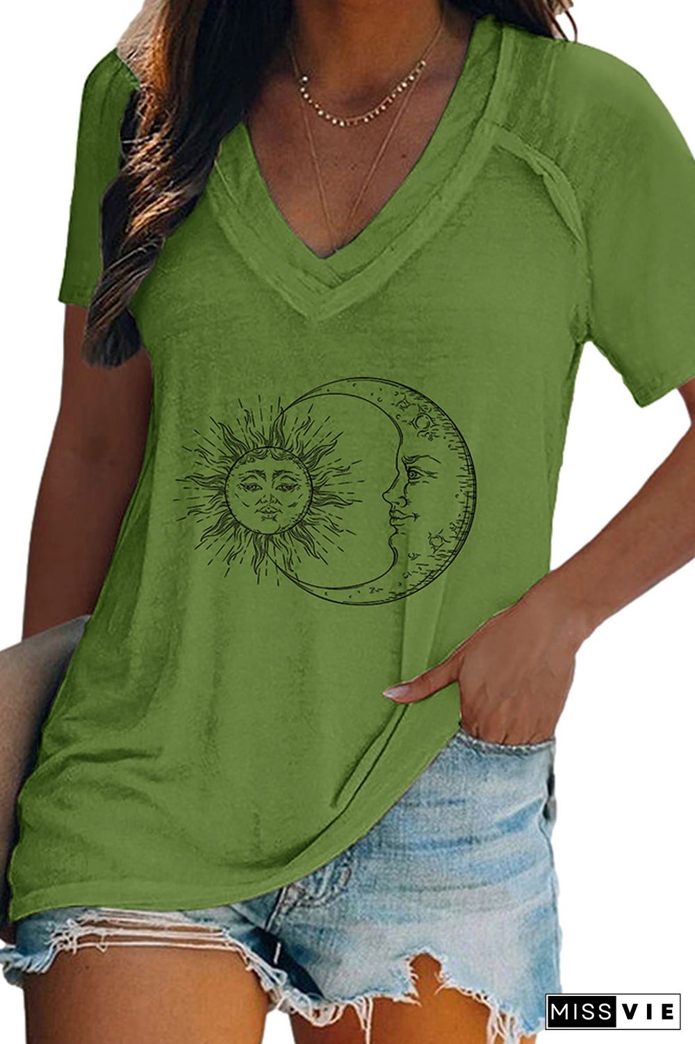 Sun And Moon Print V Neck Graphic Tee