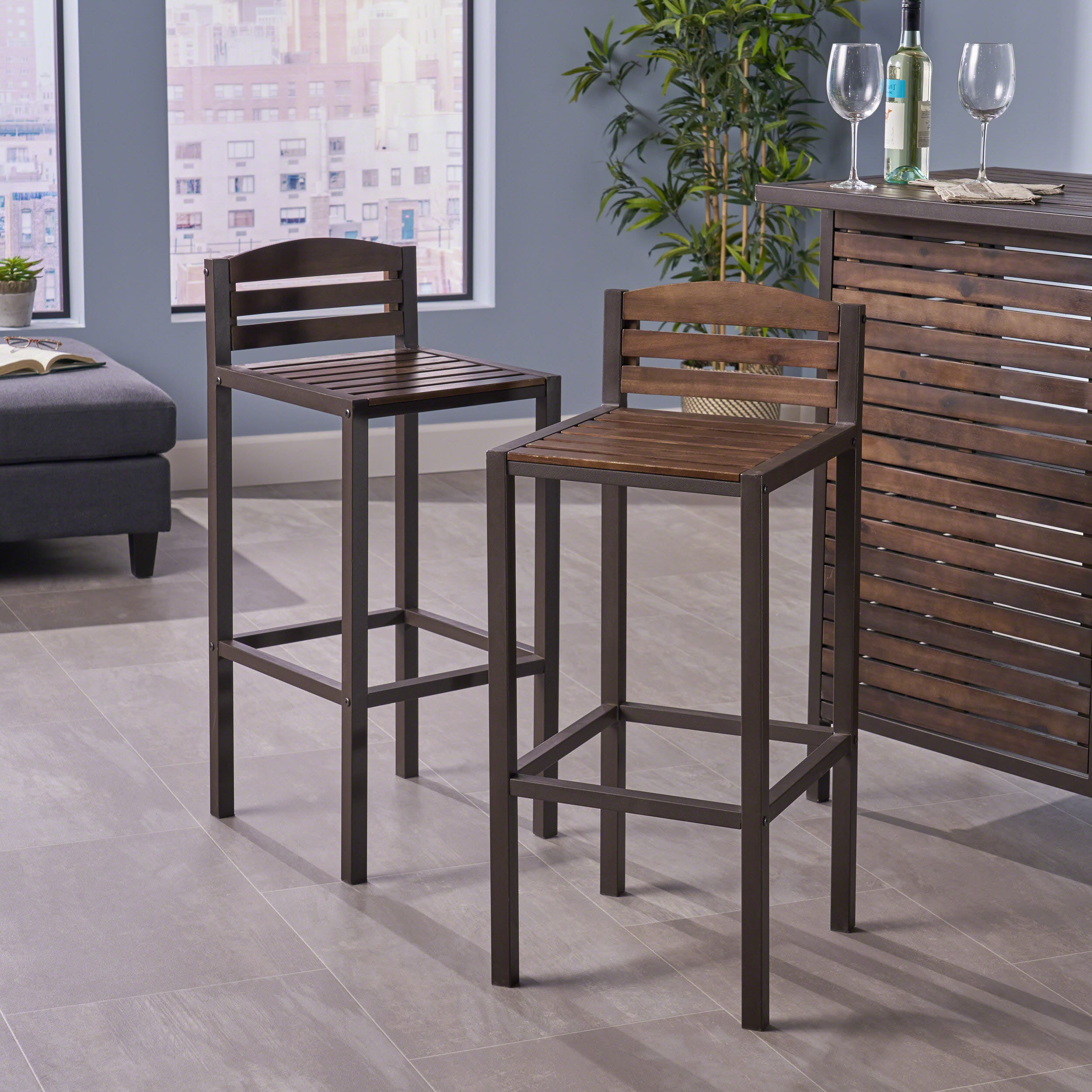 Isabel Acacia Rustic Metal & Dark Brown Wood 30-Inch Barstools (Set of 2)