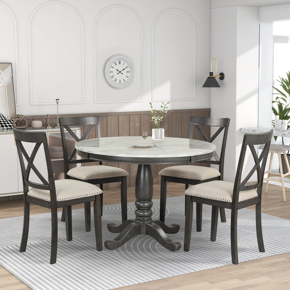 Modern 5 Pieces Dining Table Set with Round Dining Table and Linen Fabric Padded Dining Chairs for Dining Room  Gray