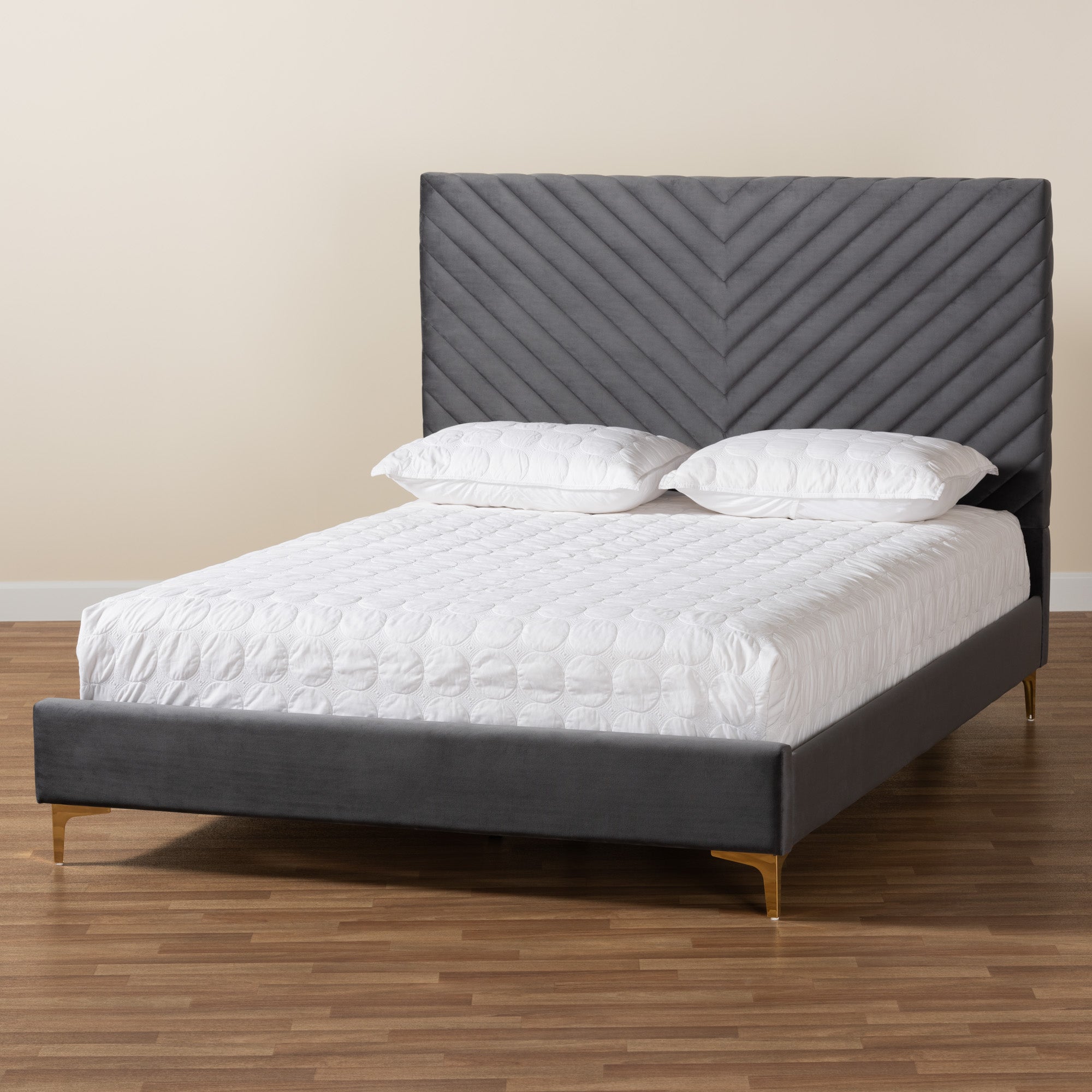 Baxton Studio Fabrico Contemporary Glam and Luxe Grey Velvet Fabric Upholstered and Gold Metal Full Size Platform Bed