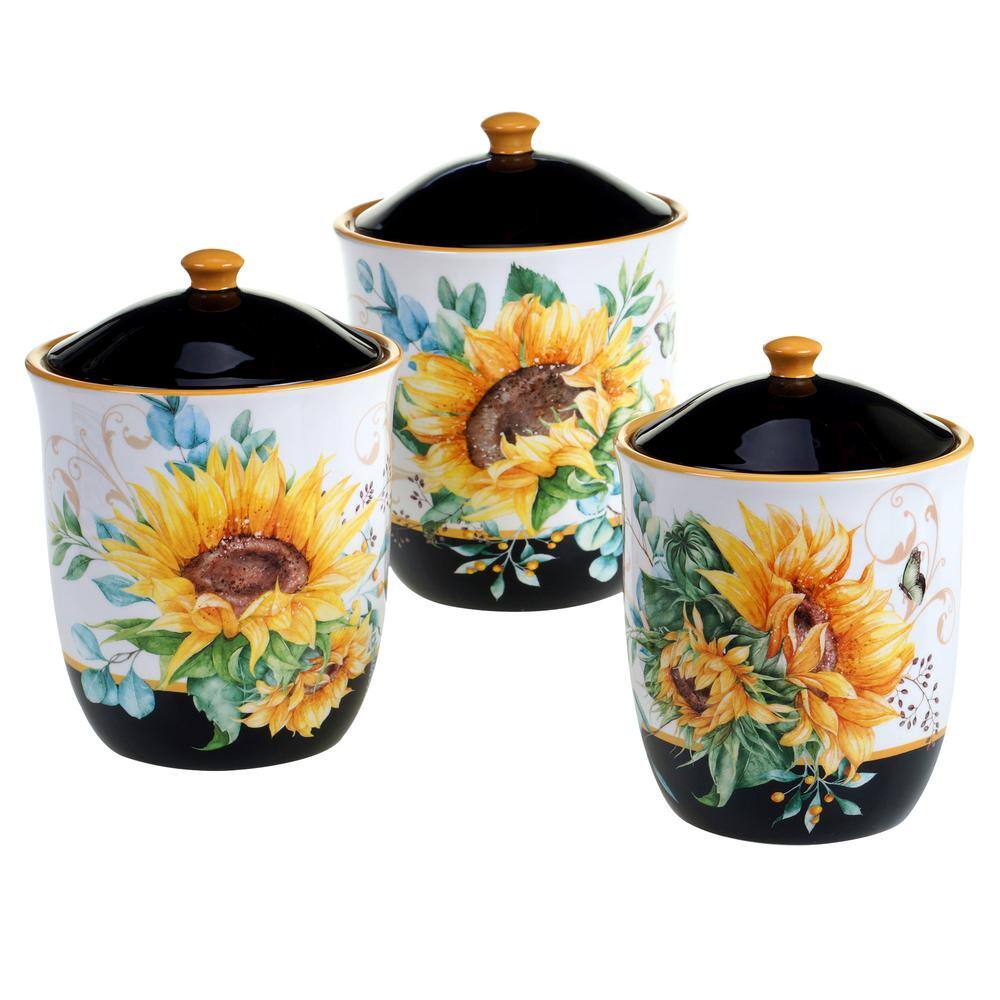 Certified International Sunflower Fields 3-Piece Seasonal Multicolored Earthenware 96 74 52 oz. Canister Set 28174