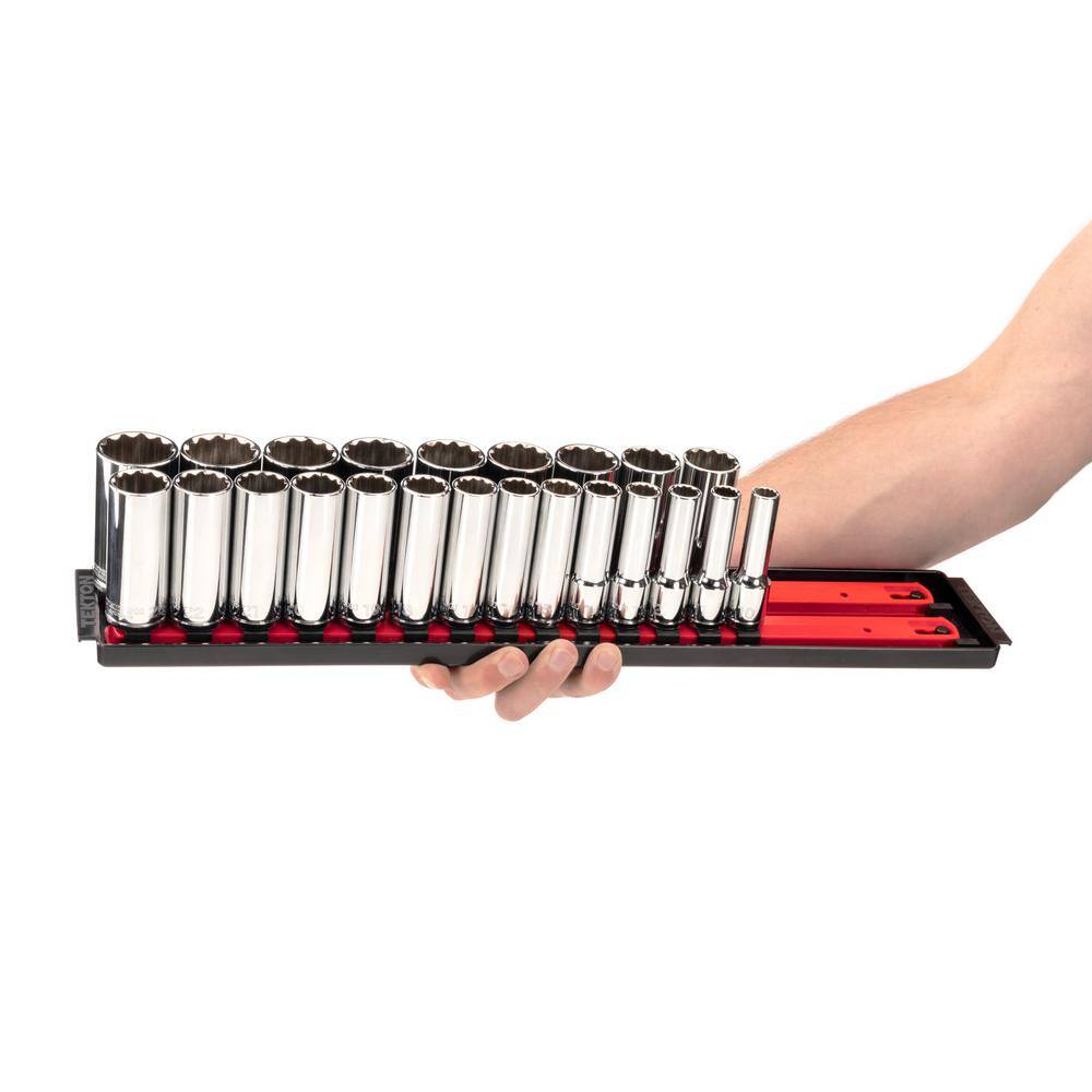 TEKTON 12 in. Drive Deep 12-Point Socket Set with Rails (10 mm-32 mm) (23-Piece) SHD92121