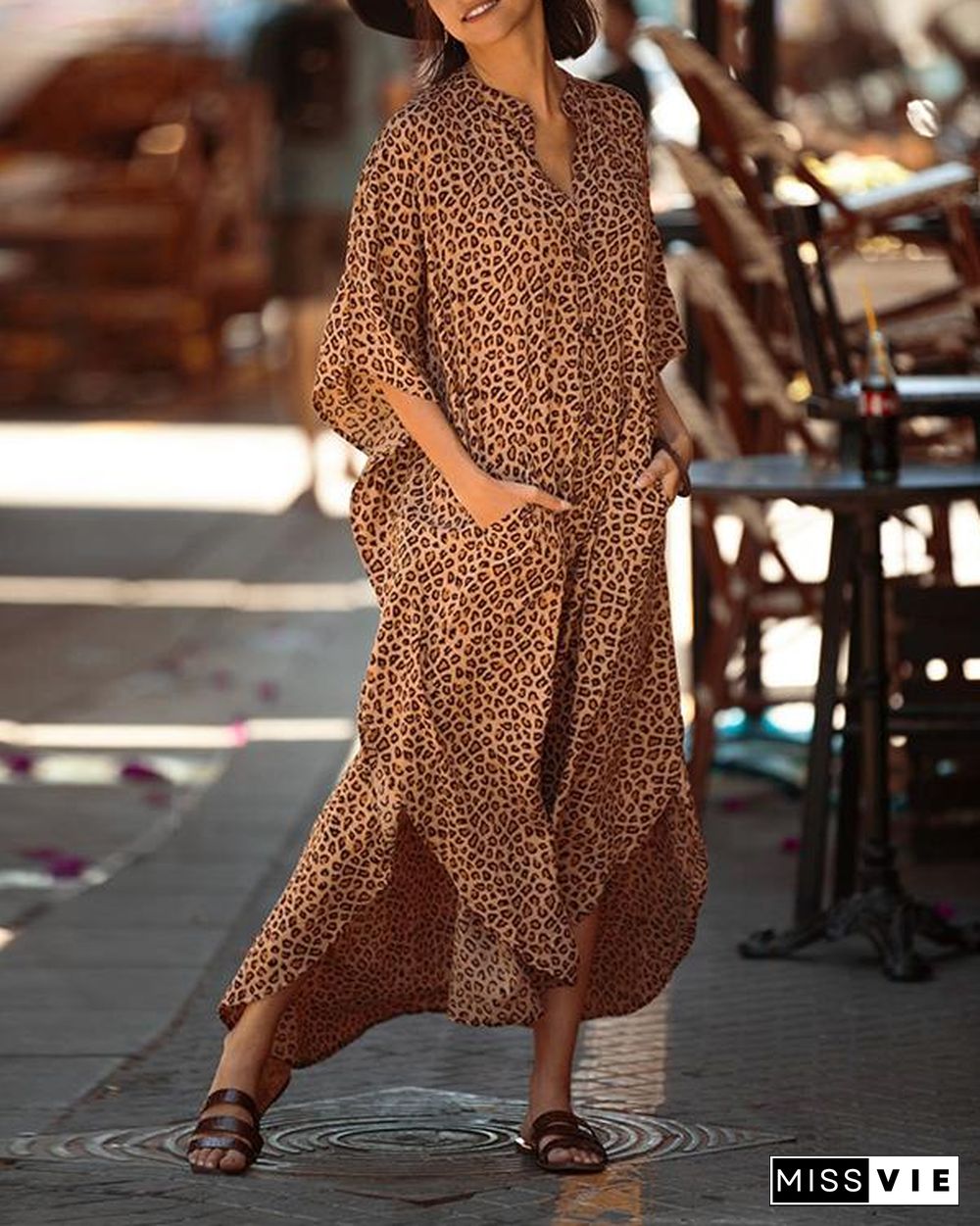 Leopard Pocketed Button Front Side Slit Sleeved Maxi Cover Up