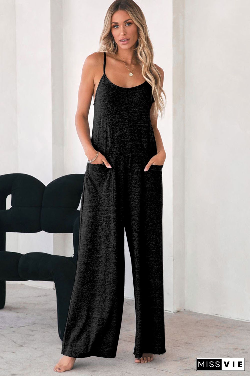 Black Loose Fit Side Pockets Spaghetti Strap Wide Leg Jumpsuit