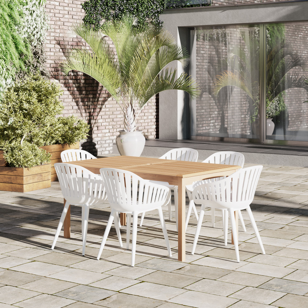 Amazonia Suzuka Teak 7 Piece Outdoor Rectangular Dining Set With White Chairs   Midcentury   Outdoor Dining Sets   by Amazonia  Houzz