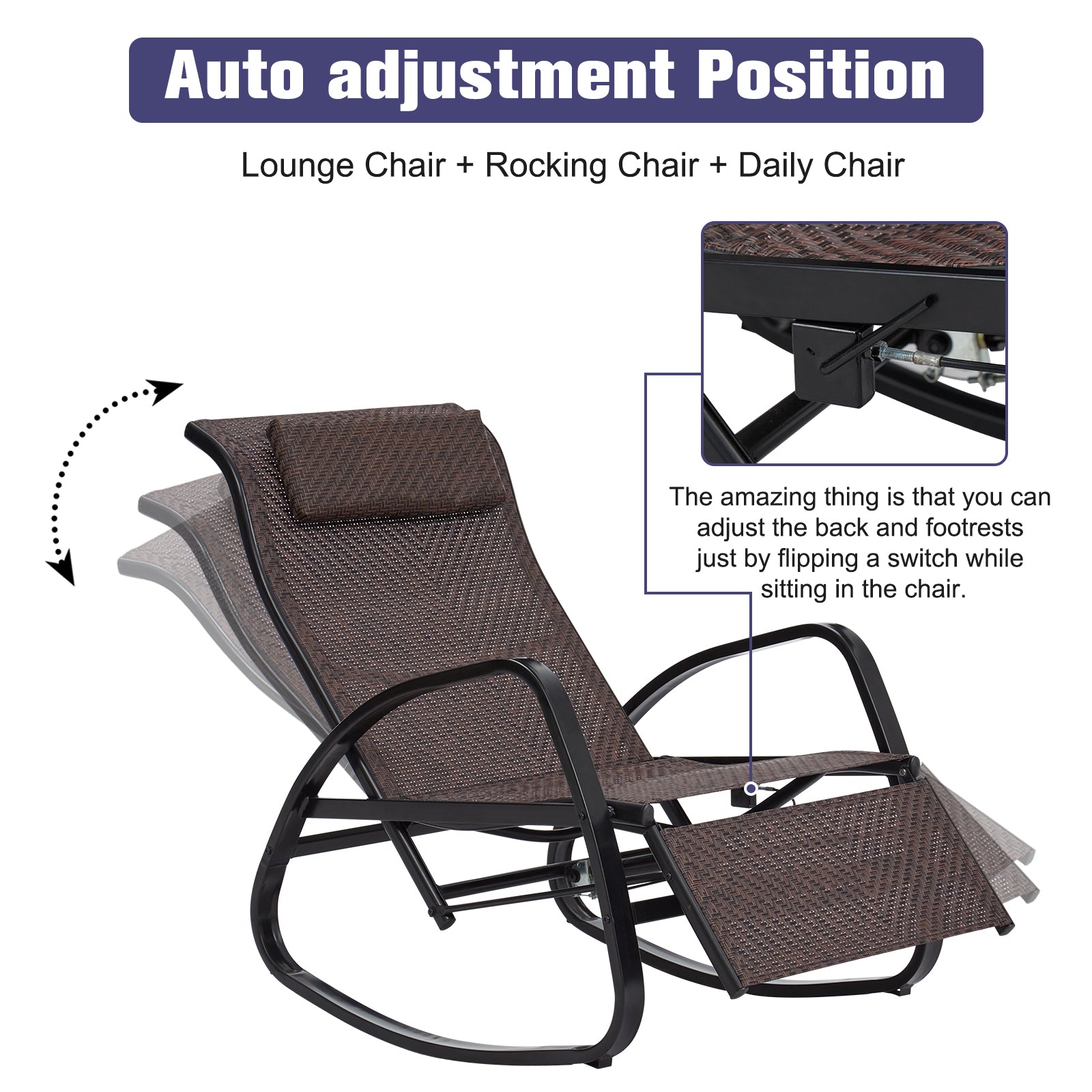 Kinbor Rocking Chairs Outdoor Recliner - Auto Adjustable Chairs with Removable Headrest & Side Pocket, Brown