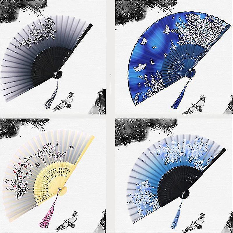 Vintage Style Silk Folding Fan Chinese Jaanese Bamboo Folding Fan Home Decoration Ornaments Dance Ha