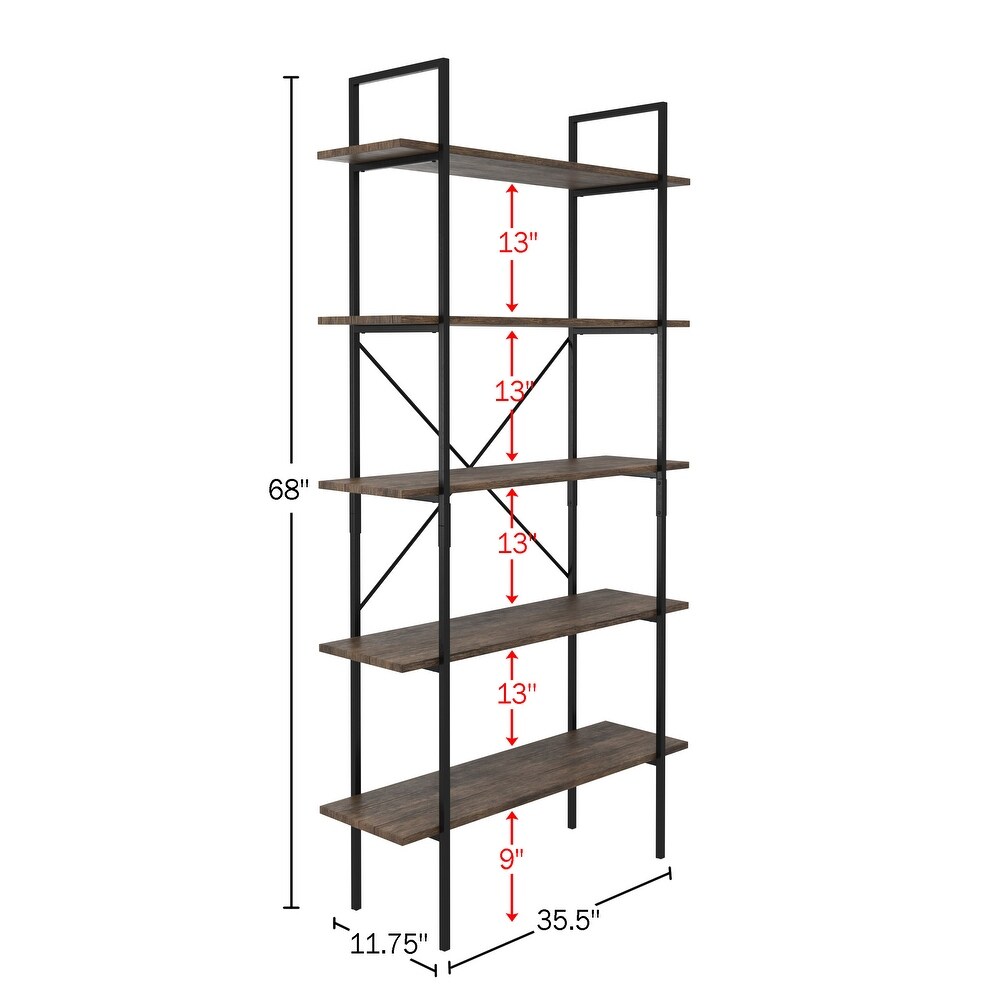 5 Tier Ladder Bookshelf   Freestanding Wooden Bookcase Frame with Leaning Look Shelves by Lavish Home (Walnut)
