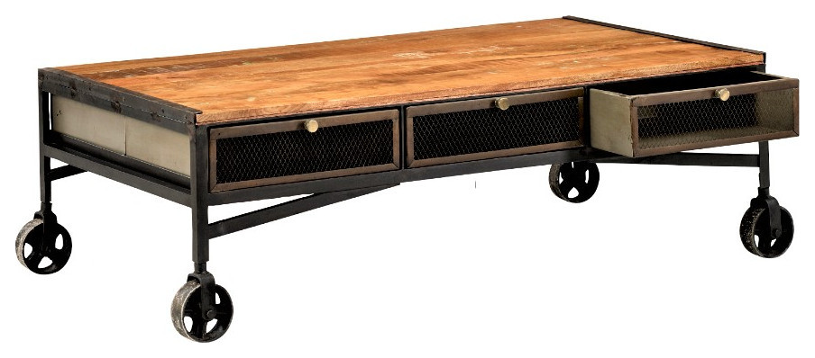 53 quotRectangular Rustic Industrial Coffee Table With Wheels and Drawers   Industrial   Coffee Tables   by Sideboards and Things  Houzz