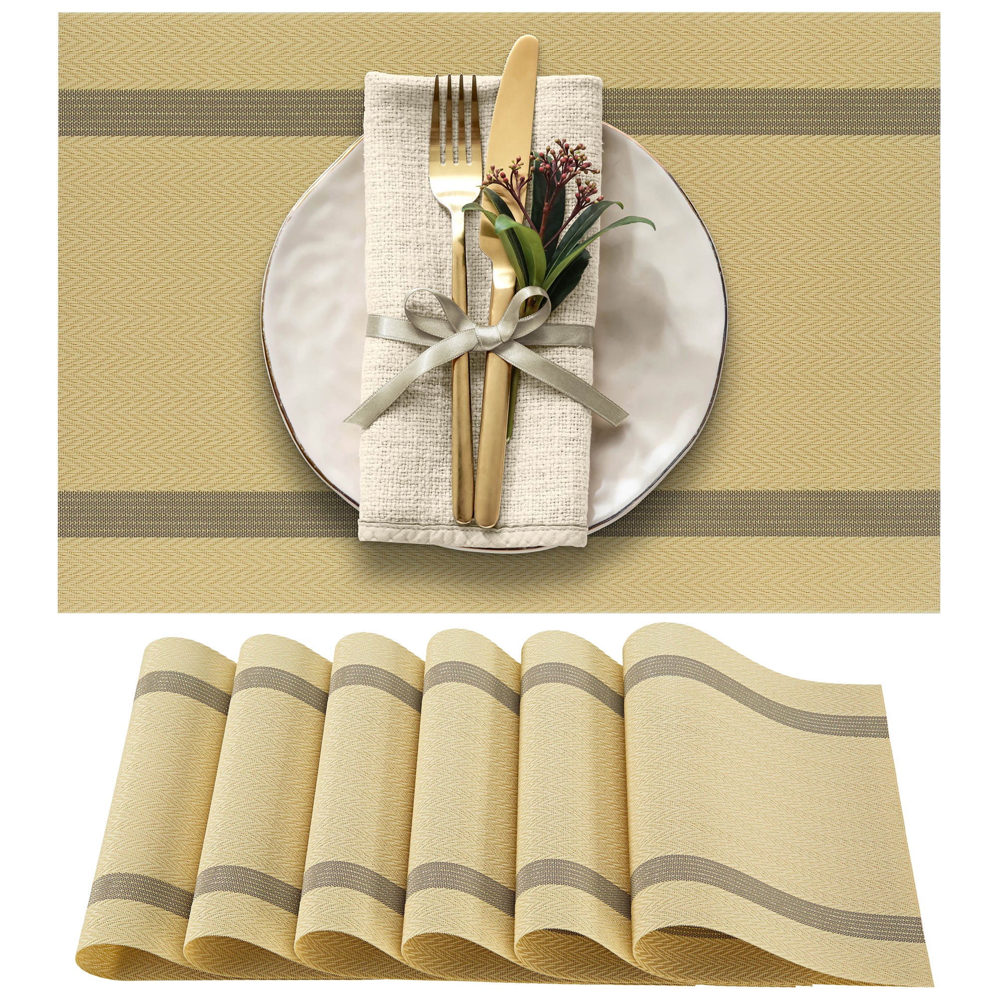 More Décor Dining Table Placemats， Washable Heat-Resistant PVC Vinyl Table Mats for Dining Room and Kitchen， Anti-Slip - Set of 6 - Dust Yellow