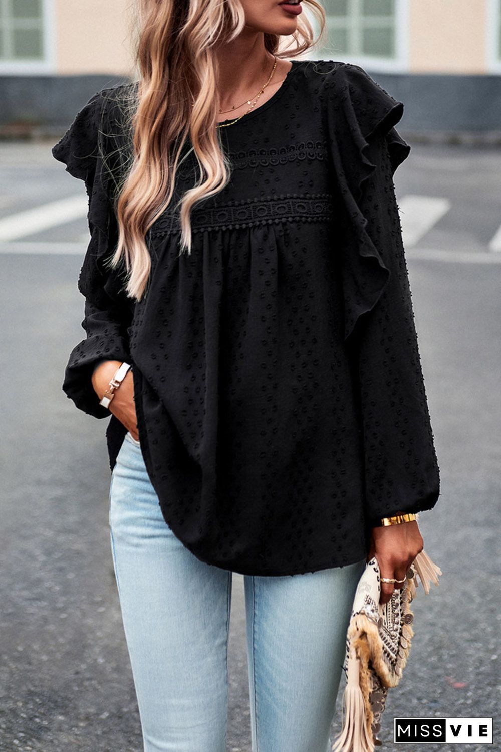 Lace Eyelet Ruffle Shoulder Long Sleeve Blouse