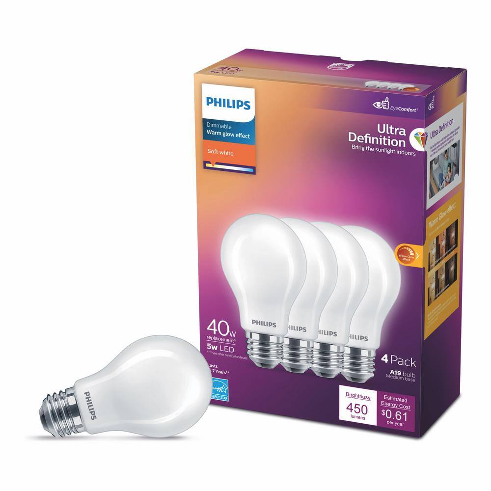 Philips 40-Watt Equivalent A19 Ultra Definition Dimmable E26 LED Light Bulb Soft White with Warm Glow 2700K (4-Pack) 576090