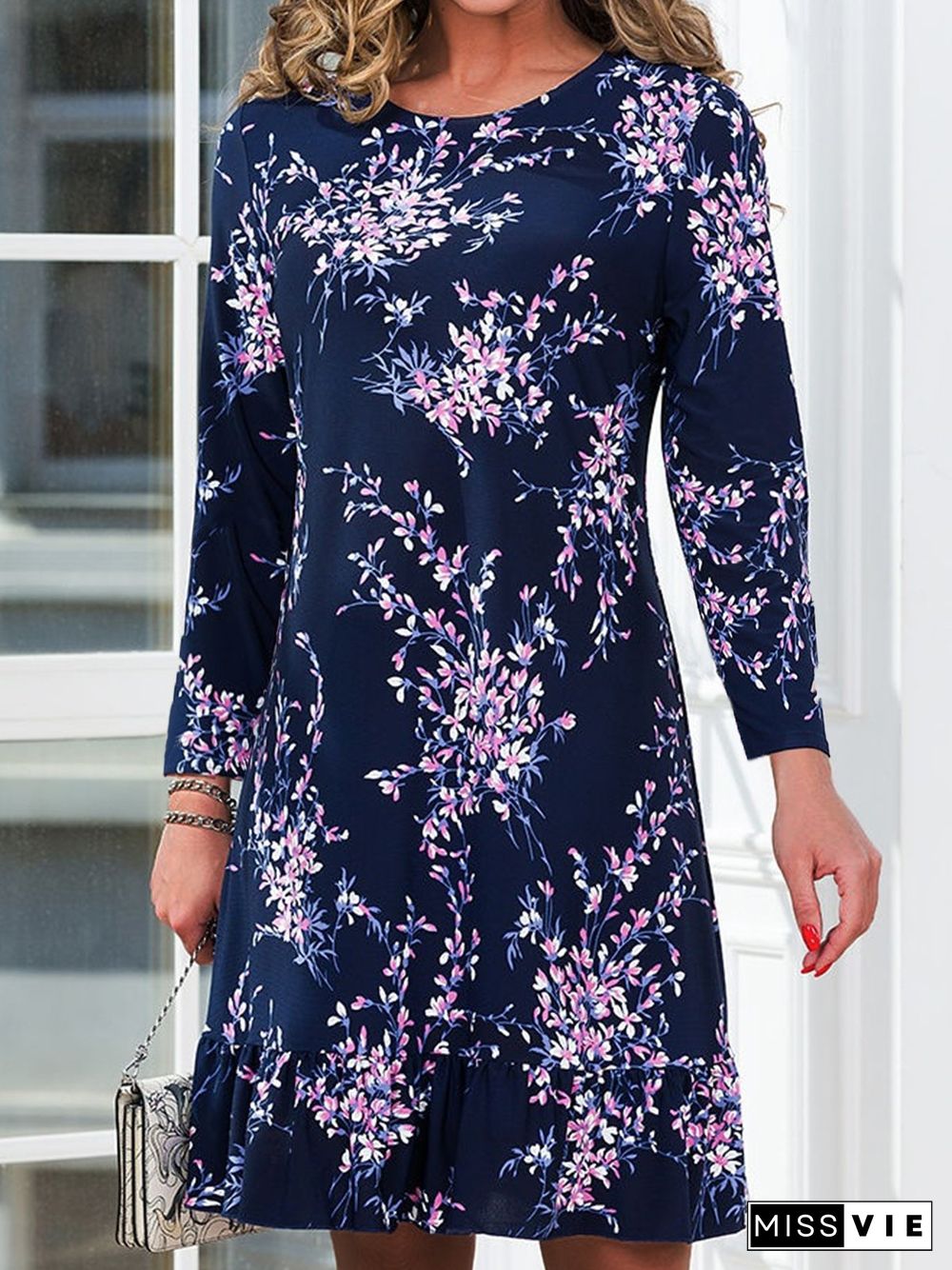 Floral Long Sleeve Crew Neck Plus Size Casual Tunic Dresses