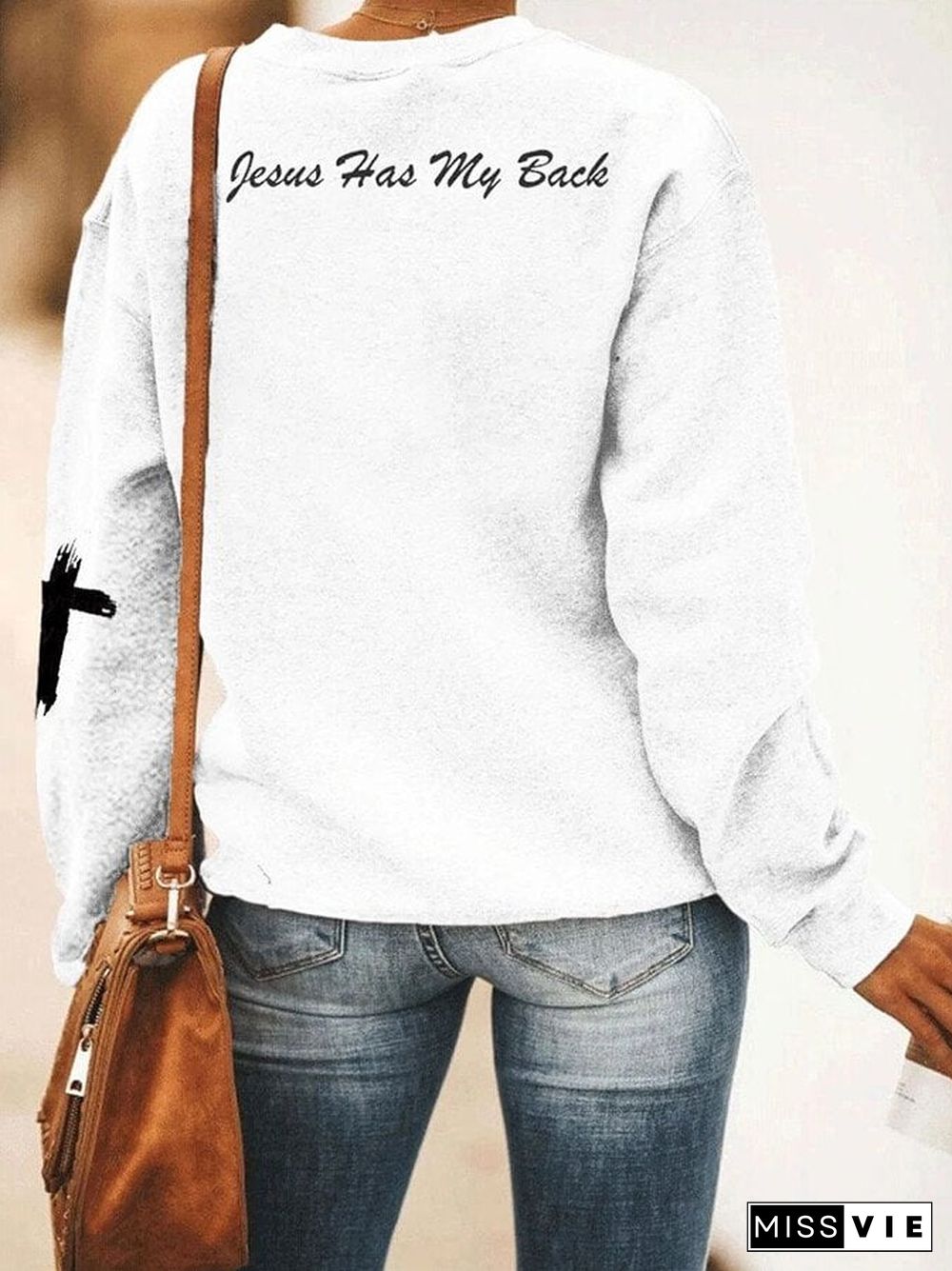 Women's Jesus Has My Back, Half Hood Half Holy Crew Neck Sweatshirt