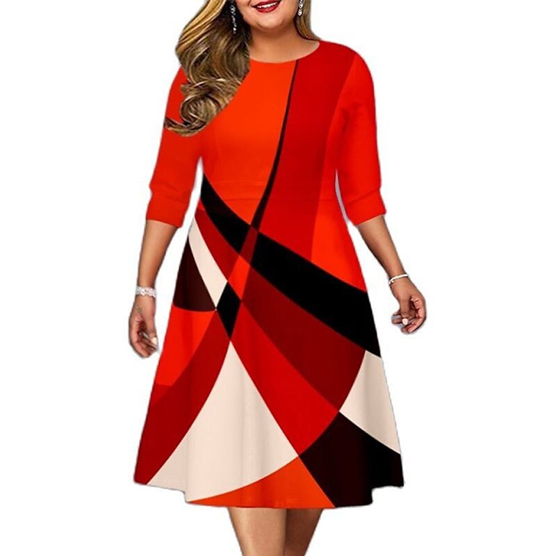 Women's Plus Size Work Dress Color Block Round Neck Dress