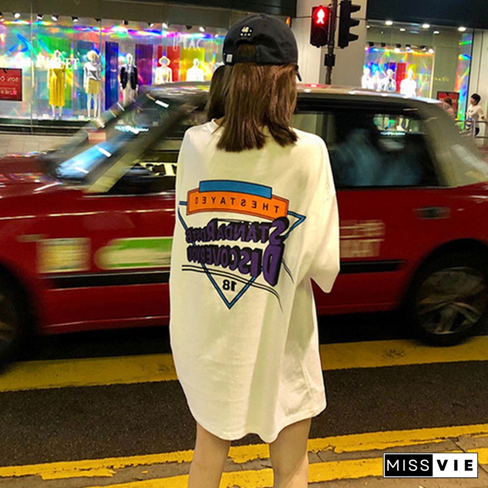 T-Shirts Women Half Sleeve O-Neck Lengthen Loose Streetwear Letter Printing Chic Summer Clothing Harajuku Soft Thin All-Match