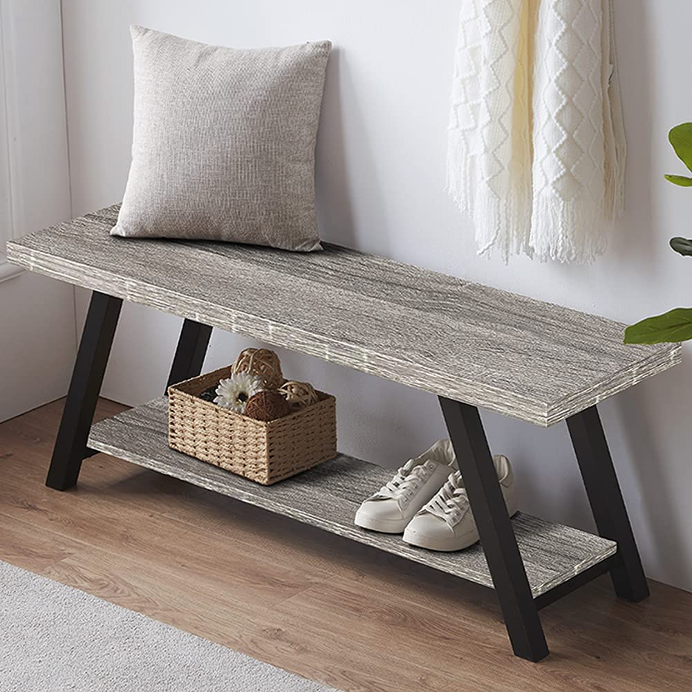 GEROBOOM Bench  Industrial Indoor Entryway Bench  Wood Metal Hallway Accent Bench for Sitting  Rustic Shoe Rack Organizer Cabinet in Foyer Entrance Bedroom Living Room  Dark Gray Oak  47