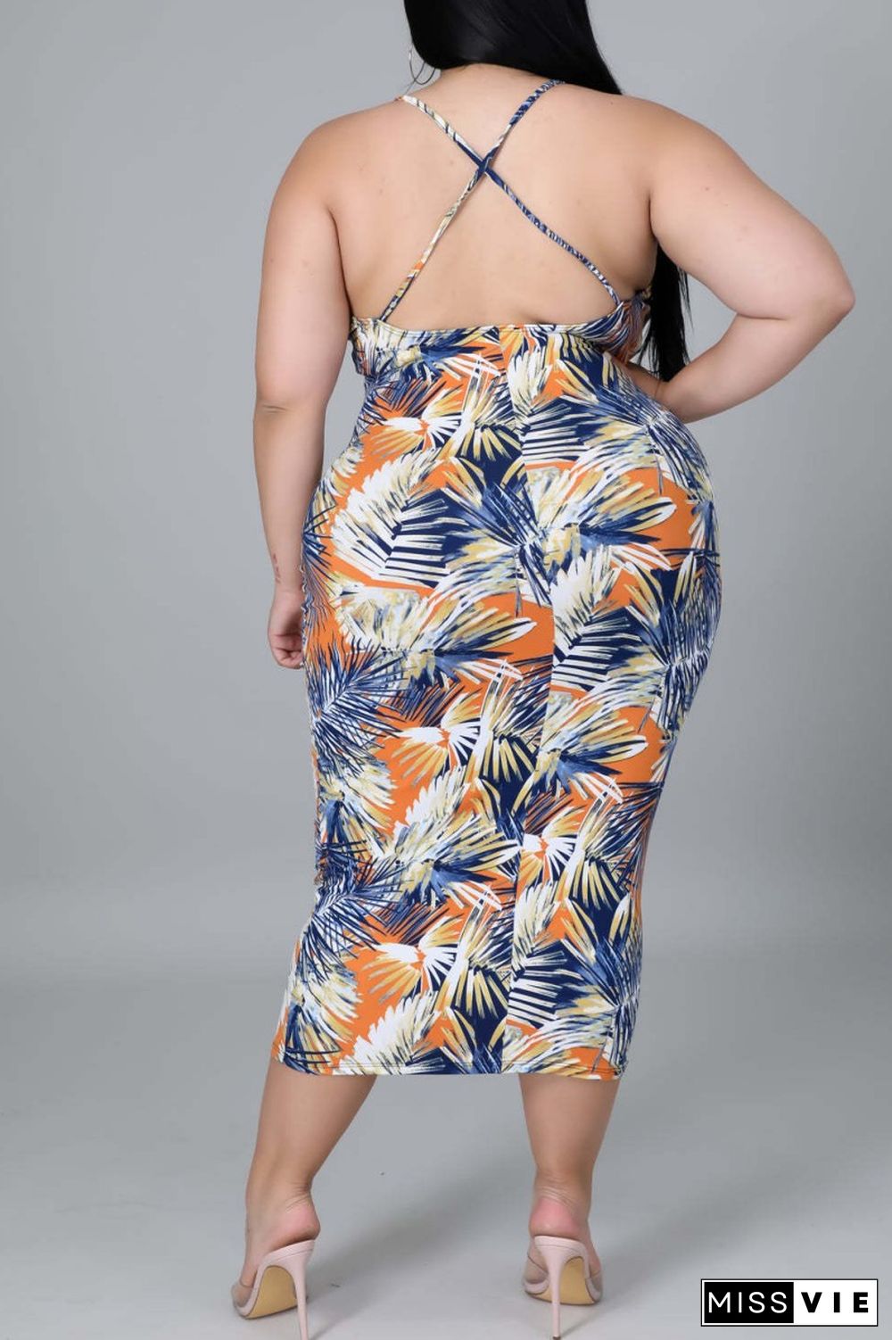 Orange Sexy Casual Print Backless O Neck Sling Dress Plus Size Dresses