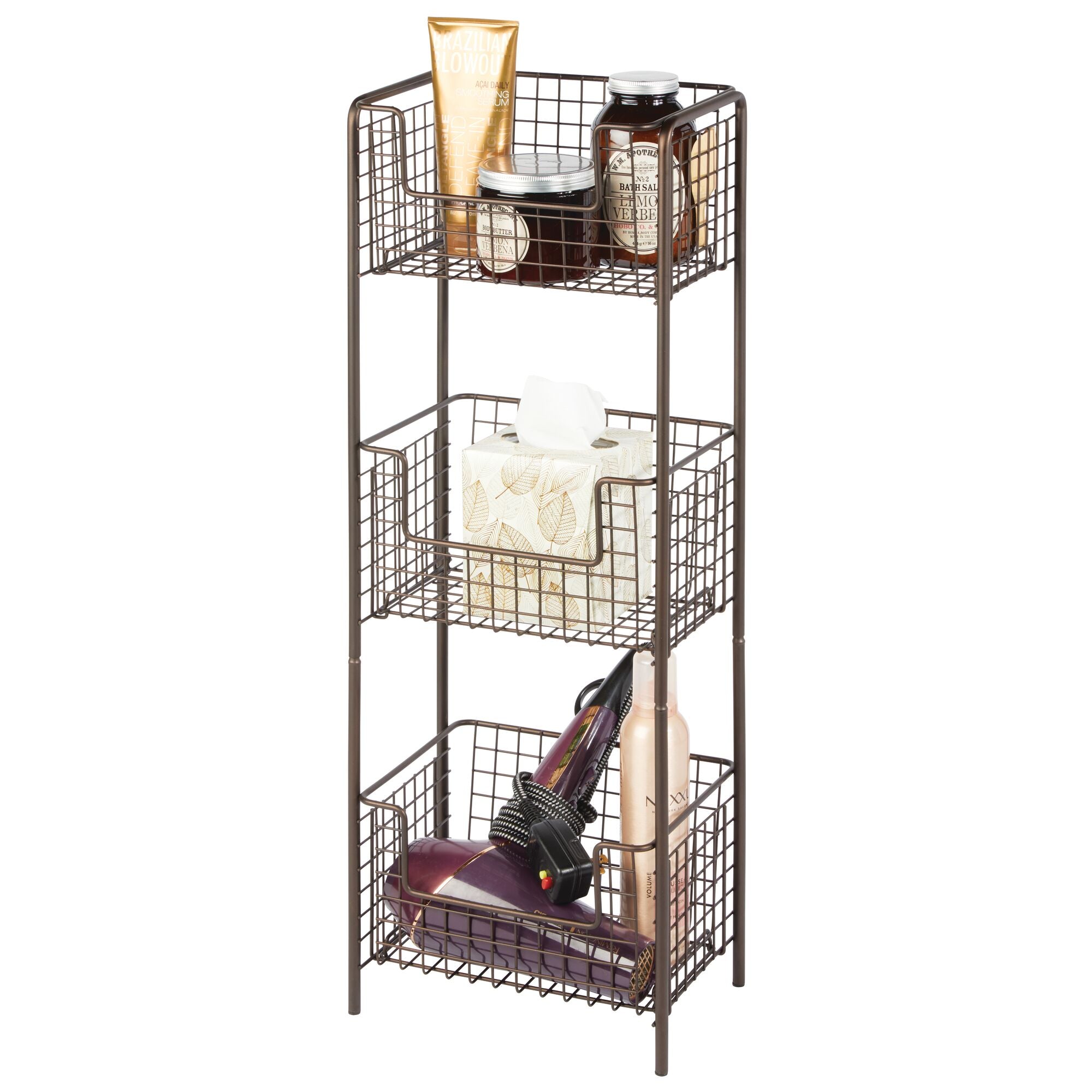 mDesign Steel Freestanding Storage Organizer Tower Rack Basket Shelf， Metal 3-Tier Furniture Unit for Master/Guest Bathroom， Powder Room - Holds Bath Towels， Soap - Concerto Collection - Bronze