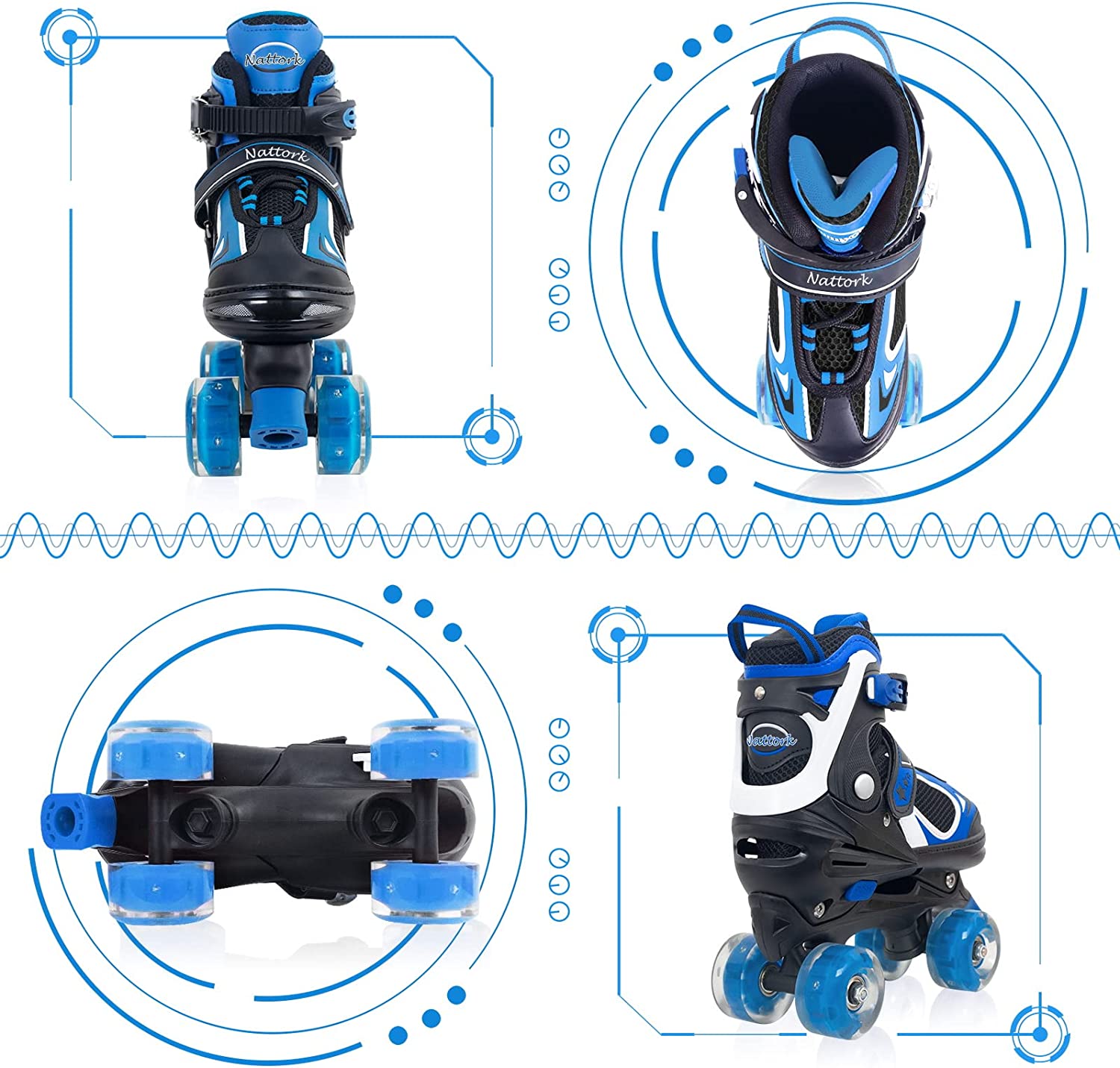 Nattork Roller Skates for Boys Girls Kids 4 Sizes Adjustable Quad Skates with Illuminating Wheels Blue Size M