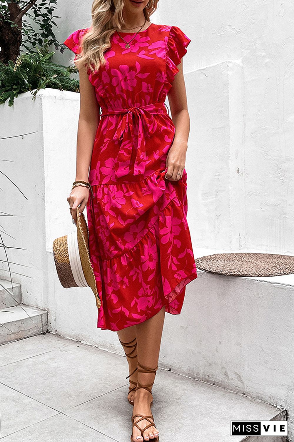 Red Floral Flutter Sleeves Tiered Dress