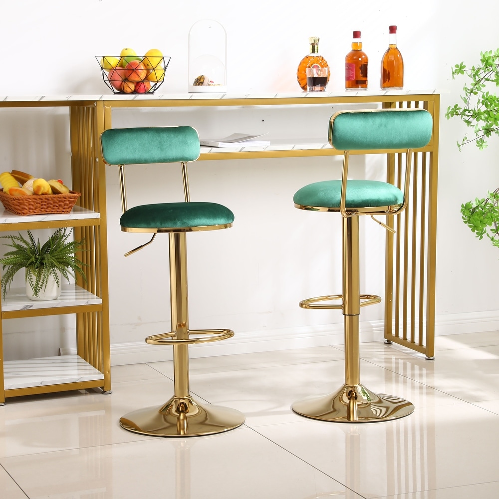 Modern Bar Stools Set of 2  Velvet Height Adjustable Barstools  Armless Kitchen Island Counter Chairs with Back   Footrest