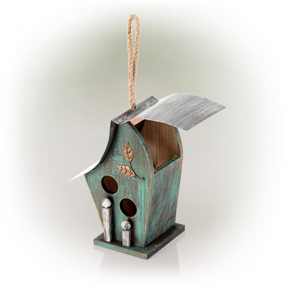 Alpine Corporation 12 in. Tall Outdoor Hanging Wooden Birdhouse, Turquoise YEN134HH-TUR