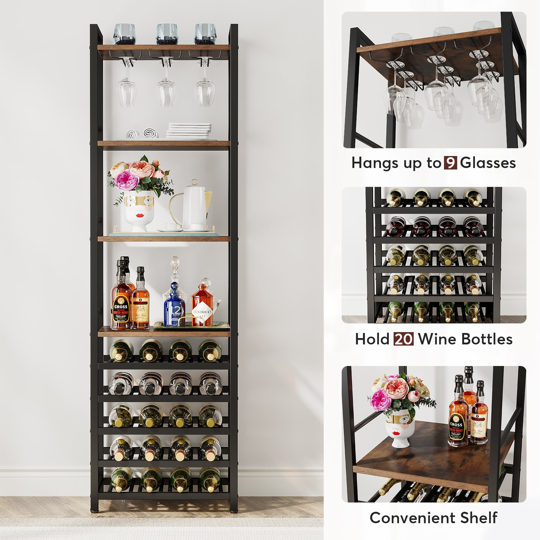 9-Tier Wine Rack, 20 Bottle Wine Bar Cabinet with Glass Holder